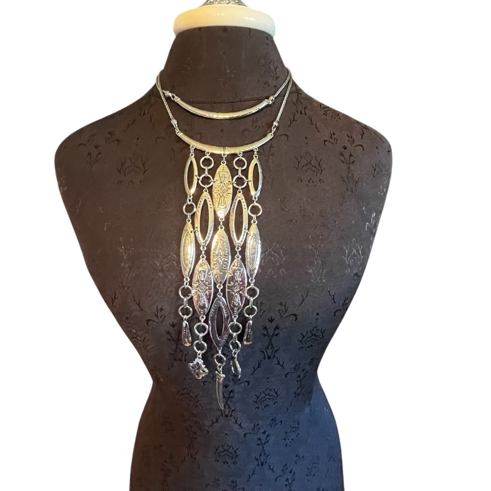 Chico’s Silver Toned Double Western Statement Chain Charm Necklace Massive - Picture 2 of 6